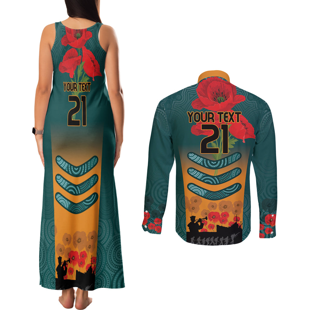 Custom Wallaroos Rugby ANZAC Couples Matching Tank Maxi Dress and Long Sleeve Button Shirt Poppy Soldier With Aboriginal Dots Art