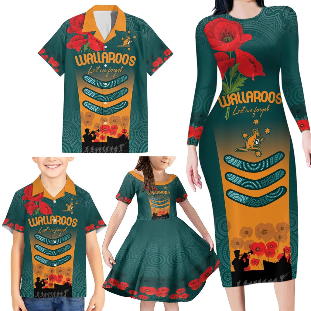 Custom Wallaroos Rugby ANZAC Family Matching Long Sleeve Bodycon Dress and Hawaiian Shirt Poppy Soldier With Aboriginal Dots Art