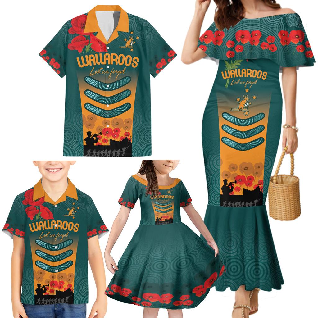 Custom Wallaroos Rugby ANZAC Family Matching Mermaid Dress and Hawaiian Shirt Poppy Soldier With Aboriginal Dots Art