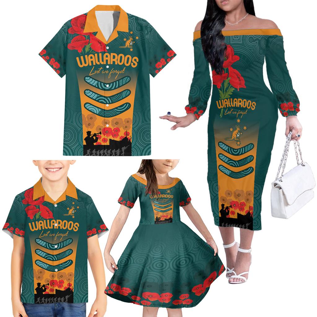 Custom Wallaroos Rugby ANZAC Family Matching Off The Shoulder Long Sleeve Dress and Hawaiian Shirt Poppy Soldier With Aboriginal Dots Art