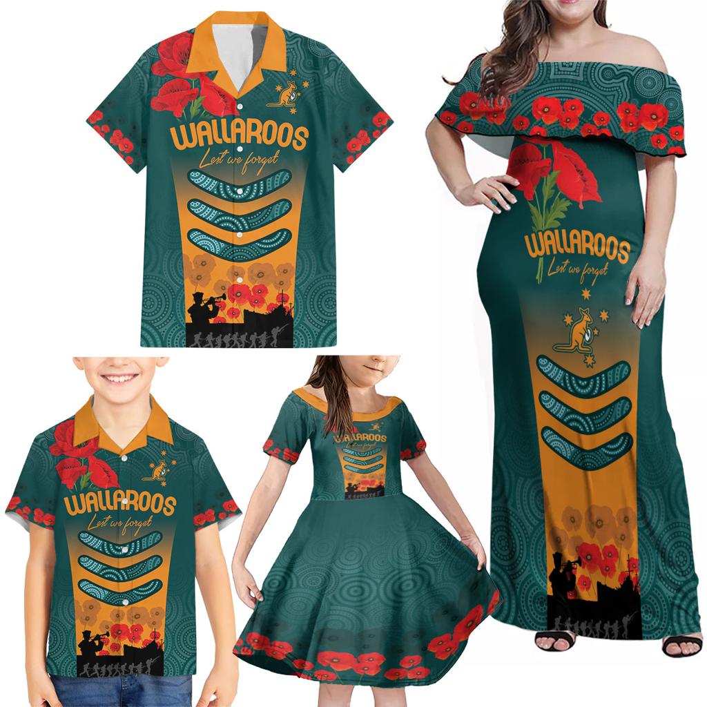 Custom Wallaroos Rugby ANZAC Family Matching Off Shoulder Maxi Dress and Hawaiian Shirt Poppy Soldier With Aboriginal Dots Art
