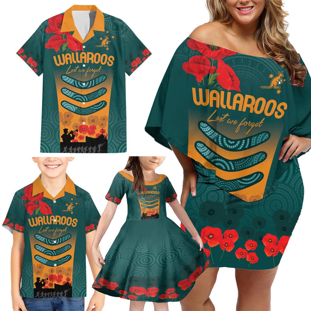 Custom Wallaroos Rugby ANZAC Family Matching Off Shoulder Short Dress and Hawaiian Shirt Poppy Soldier With Aboriginal Dots Art