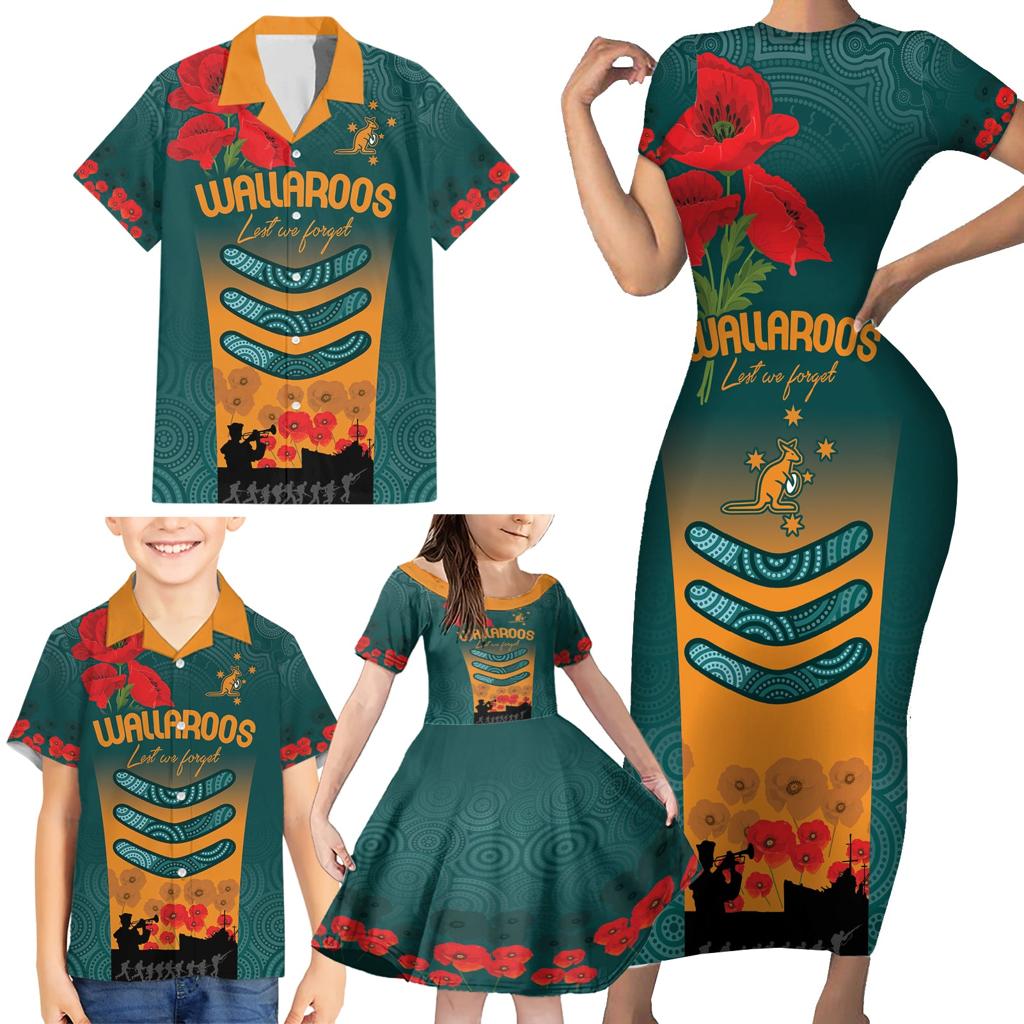 Custom Wallaroos Rugby ANZAC Family Matching Short Sleeve Bodycon Dress and Hawaiian Shirt Poppy Soldier With Aboriginal Dots Art