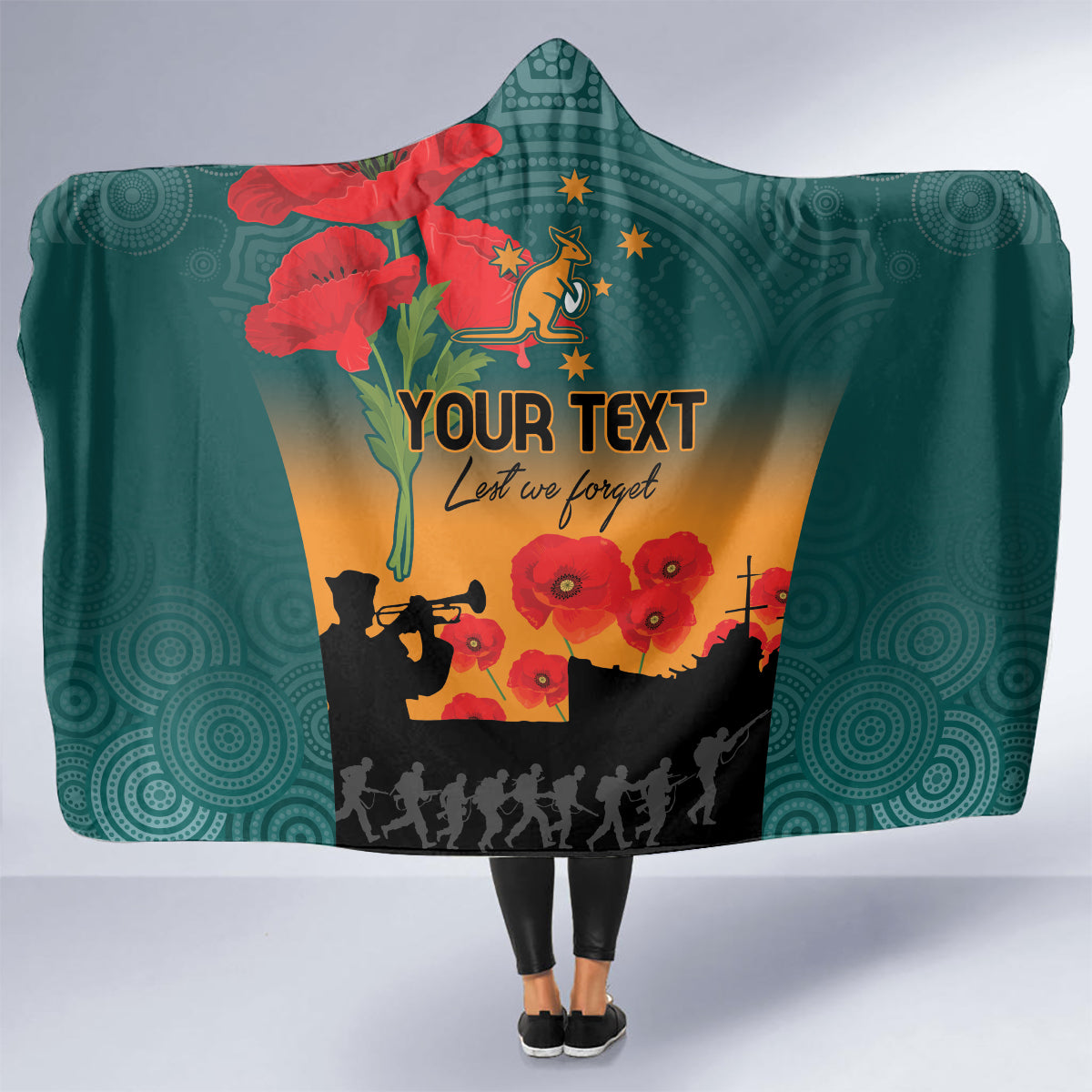 Custom Wallaroos Rugby ANZAC Hooded Blanket Poppy Soldier With Aboriginal Dots Art
