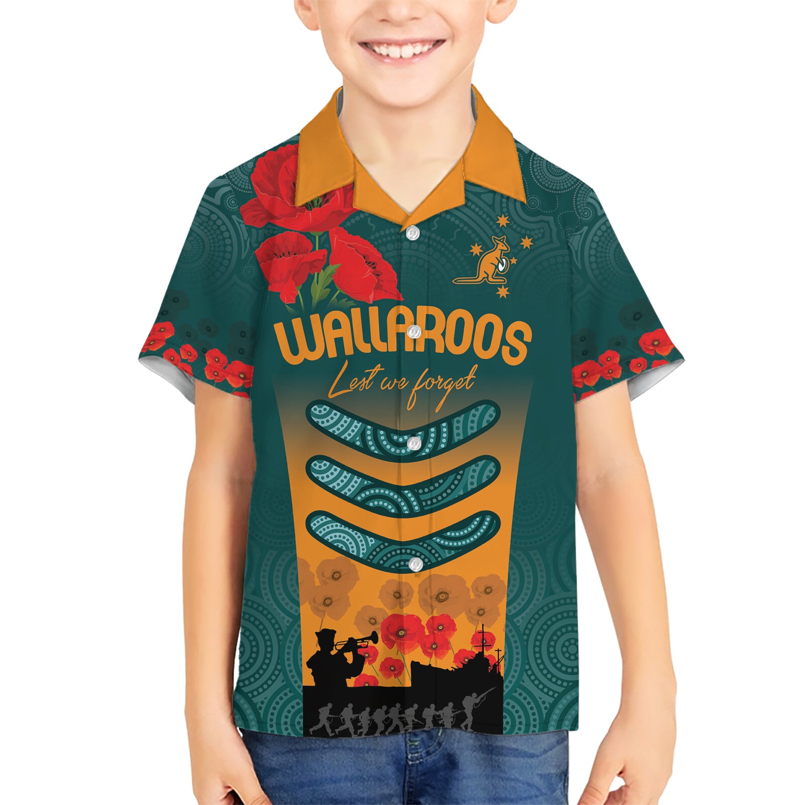 Custom Wallaroos Rugby ANZAC Kid Hawaiian Shirt Poppy Soldier With Aboriginal Dots Art