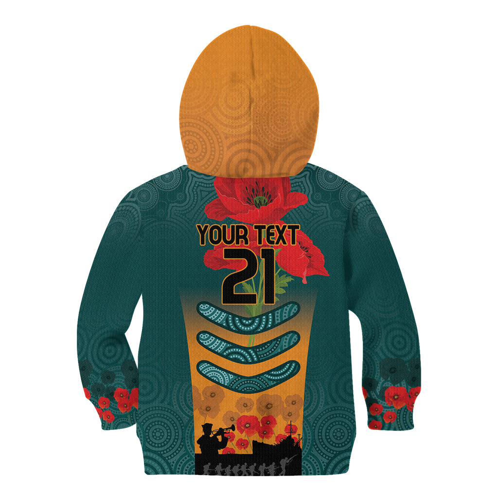 Custom Wallaroos Rugby ANZAC Kid Hoodie Poppy Soldier With Aboriginal Dots Art