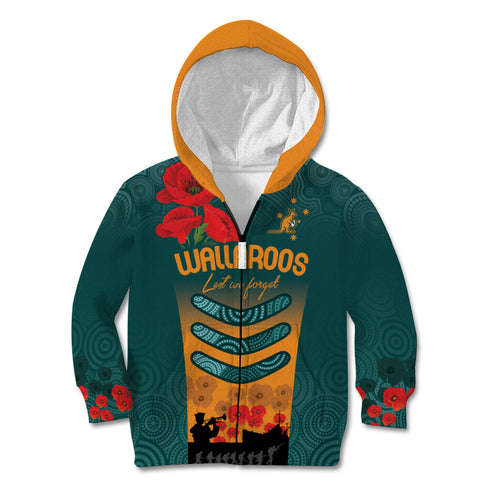 Custom Wallaroos Rugby ANZAC Kid Hoodie Poppy Soldier With Aboriginal Dots Art