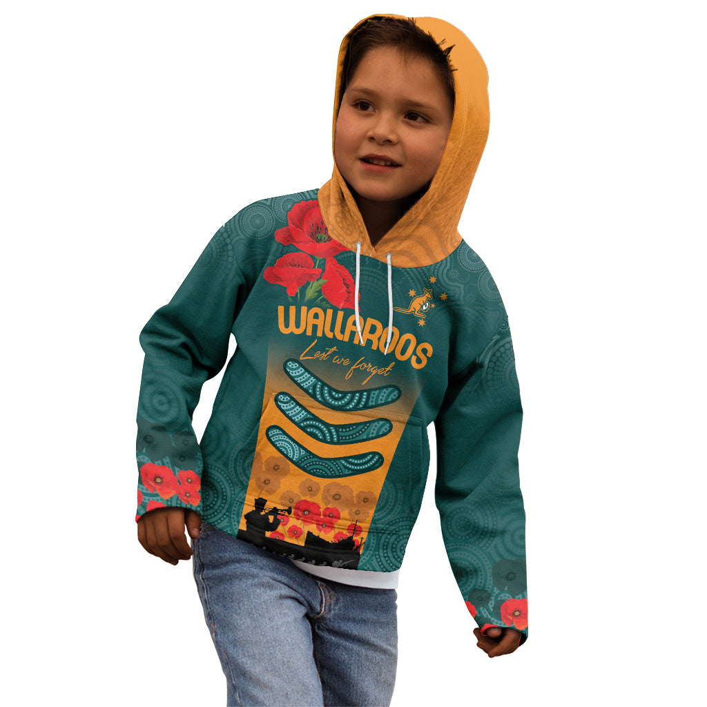 Custom Wallaroos Rugby ANZAC Kid Hoodie Poppy Soldier With Aboriginal Dots Art
