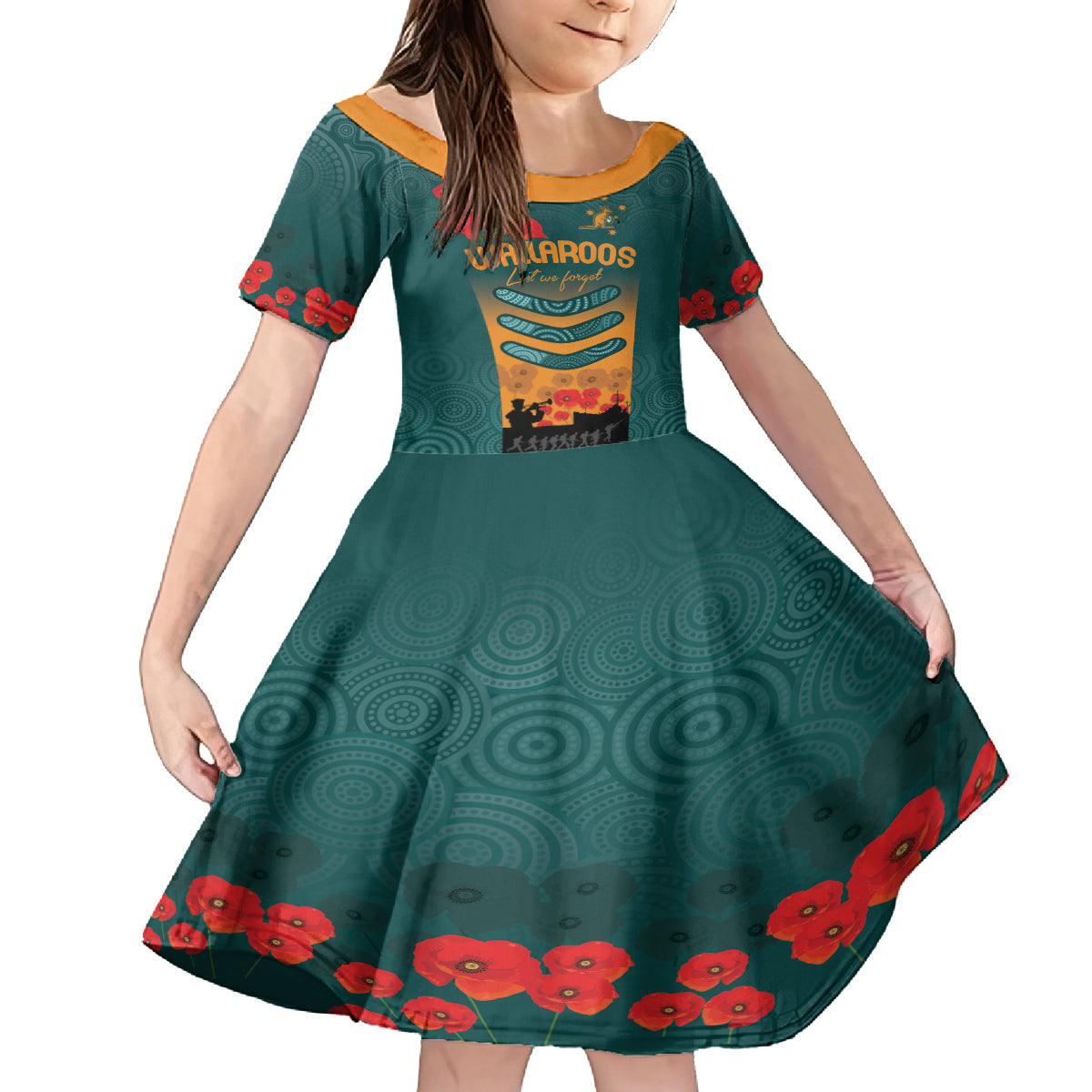 Custom Wallaroos Rugby ANZAC Kid Short Sleeve Dress Poppy Soldier With Aboriginal Dots Art