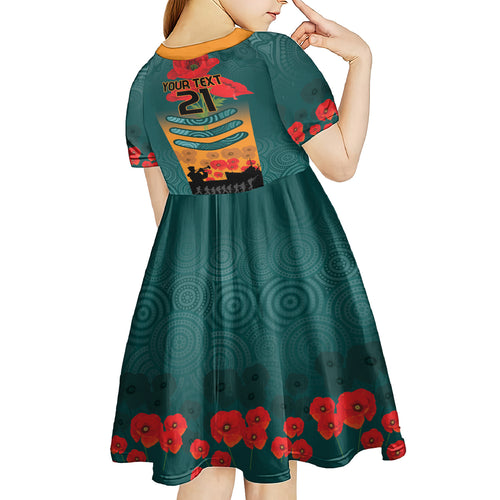 Custom Wallaroos Rugby ANZAC Kid Short Sleeve Dress Poppy Soldier With Aboriginal Dots Art