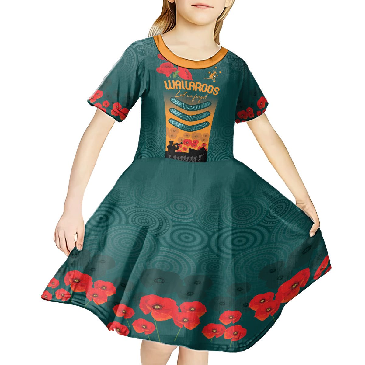 Custom Wallaroos Rugby ANZAC Kid Short Sleeve Dress Poppy Soldier With Aboriginal Dots Art