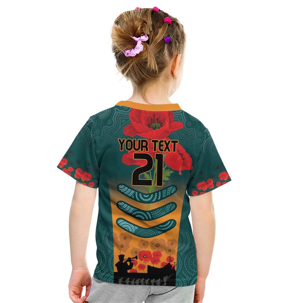 Custom Wallaroos Rugby ANZAC Kid T Shirt Poppy Soldier With Aboriginal Dots Art