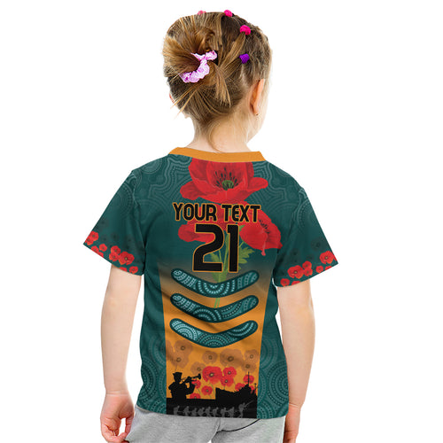 Custom Wallaroos Rugby ANZAC Kid T Shirt Poppy Soldier With Aboriginal Dots Art