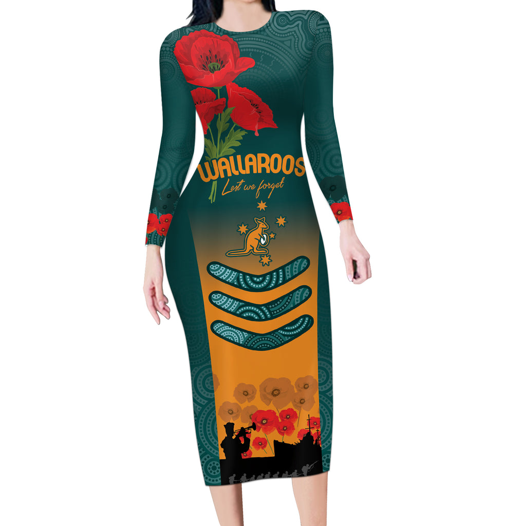 Custom Wallaroos Rugby ANZAC Long Sleeve Bodycon Dress Poppy Soldier With Aboriginal Dots Art