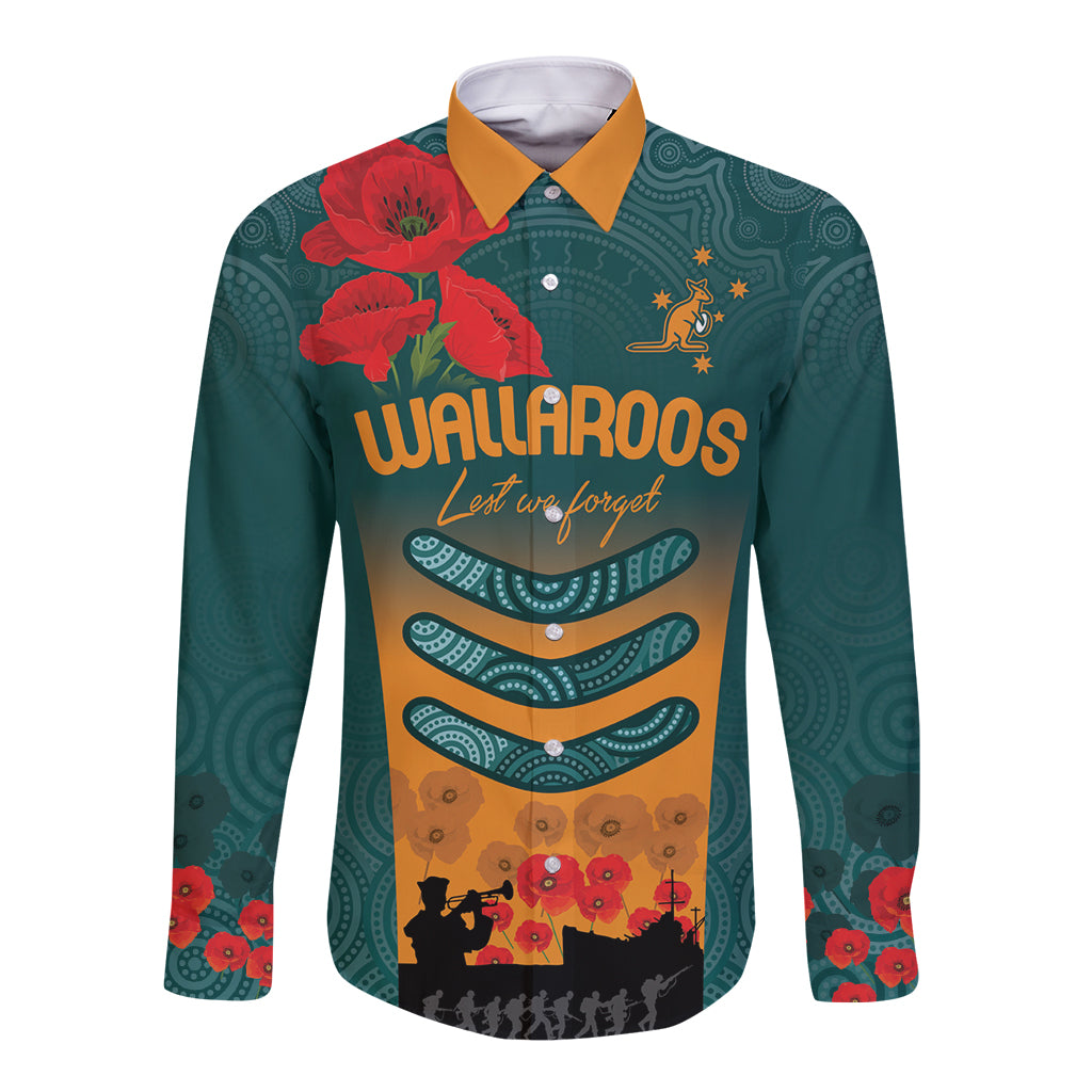 Custom Wallaroos Rugby ANZAC Long Sleeve Button Shirt Poppy Soldier With Aboriginal Dots Art