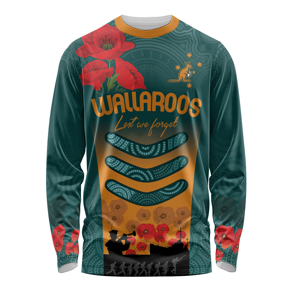 Custom Wallaroos Rugby ANZAC Long Sleeve Shirt Poppy Soldier With Aboriginal Dots Art