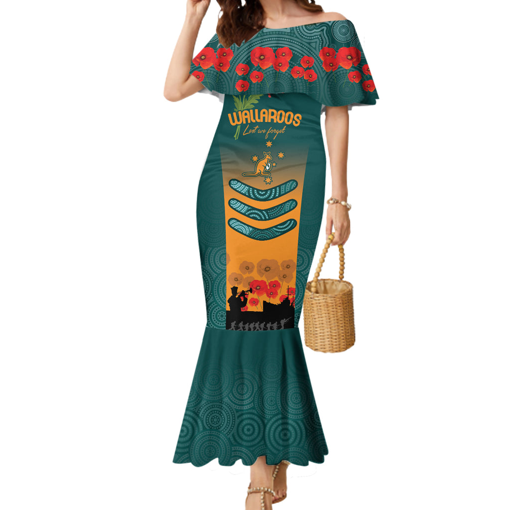 Custom Wallaroos Rugby ANZAC Mermaid Dress Poppy Soldier With Aboriginal Dots Art