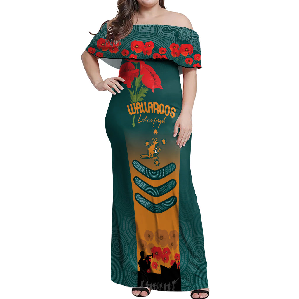 Custom Wallaroos Rugby ANZAC Off Shoulder Maxi Dress Poppy Soldier With Aboriginal Dots Art