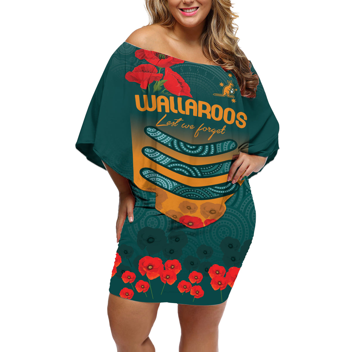 Custom Wallaroos Rugby ANZAC Off Shoulder Short Dress Poppy Soldier With Aboriginal Dots Art