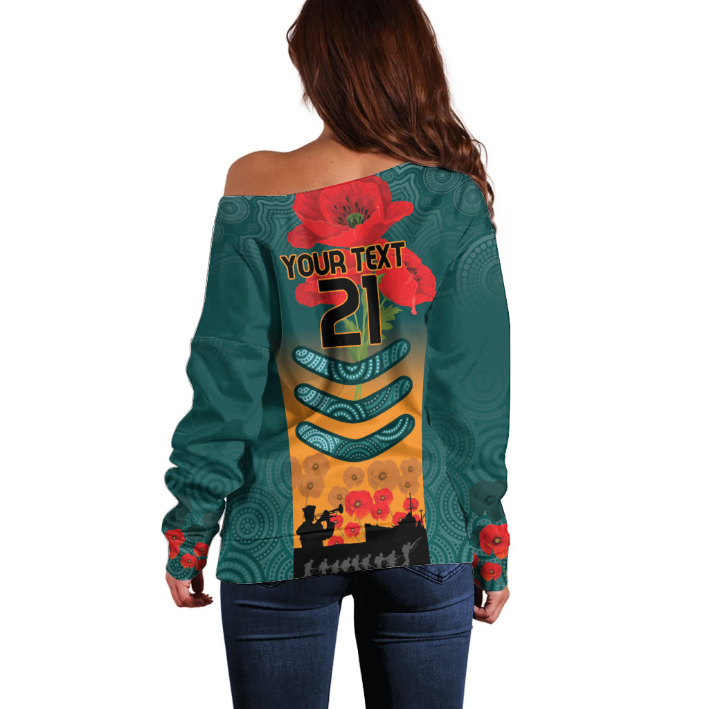 Custom Wallaroos Rugby ANZAC Off Shoulder Sweater Poppy Soldier With Aboriginal Dots Art