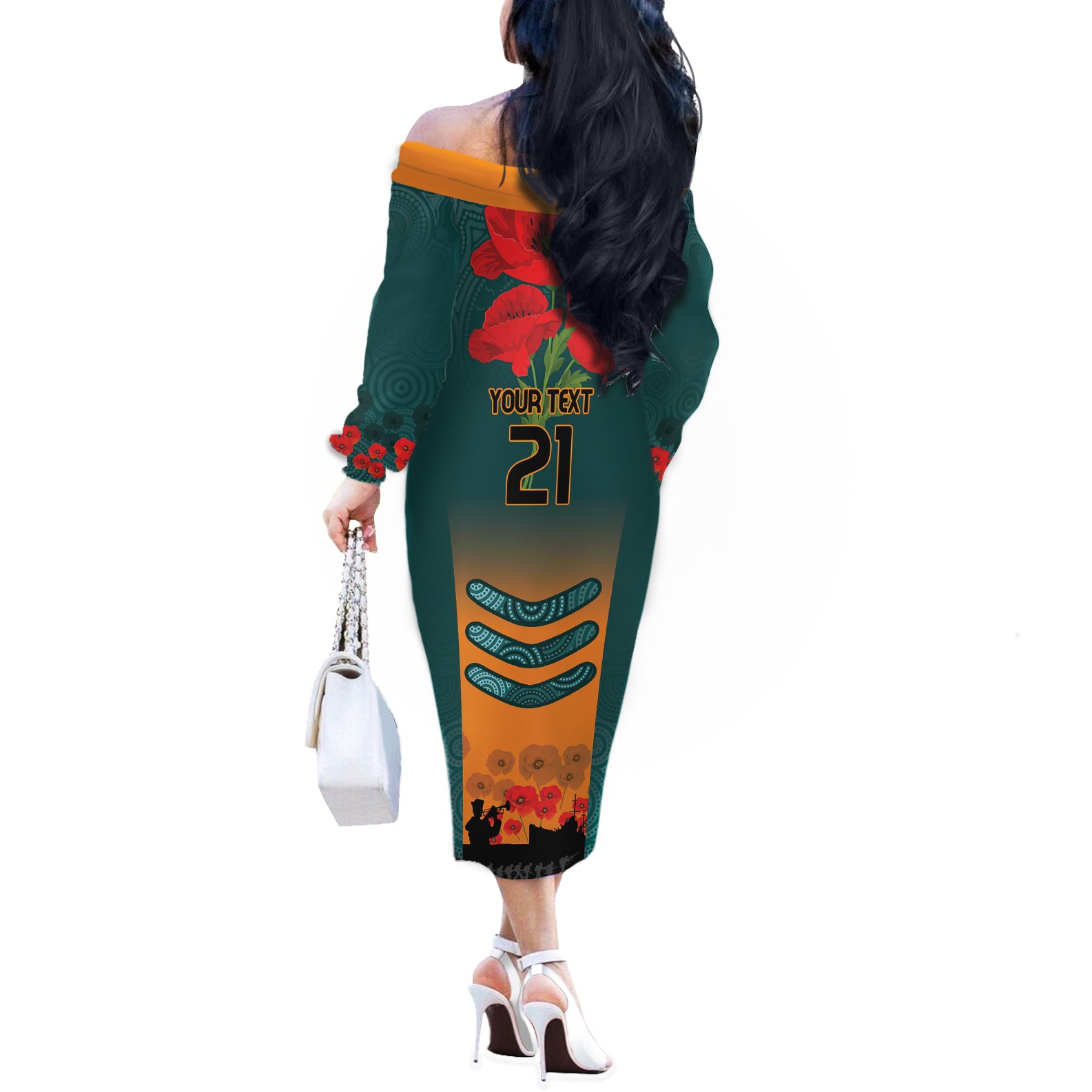 Custom Wallaroos Rugby ANZAC Off The Shoulder Long Sleeve Dress Poppy Soldier With Aboriginal Dots Art