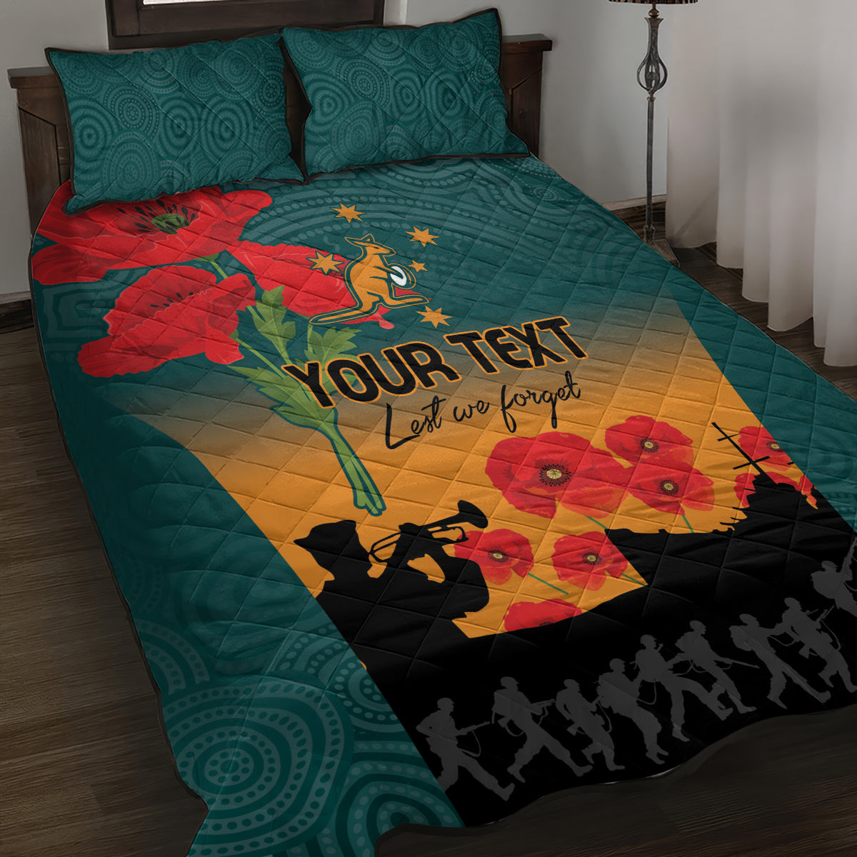 Custom Wallaroos Rugby ANZAC Quilt Bed Set Poppy Soldier With Aboriginal Dots Art