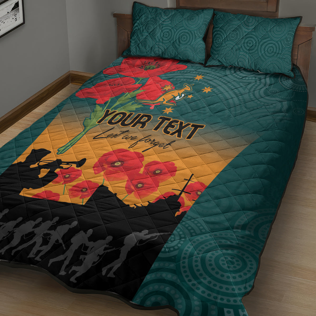 Custom Wallaroos Rugby ANZAC Quilt Bed Set Poppy Soldier With Aboriginal Dots Art
