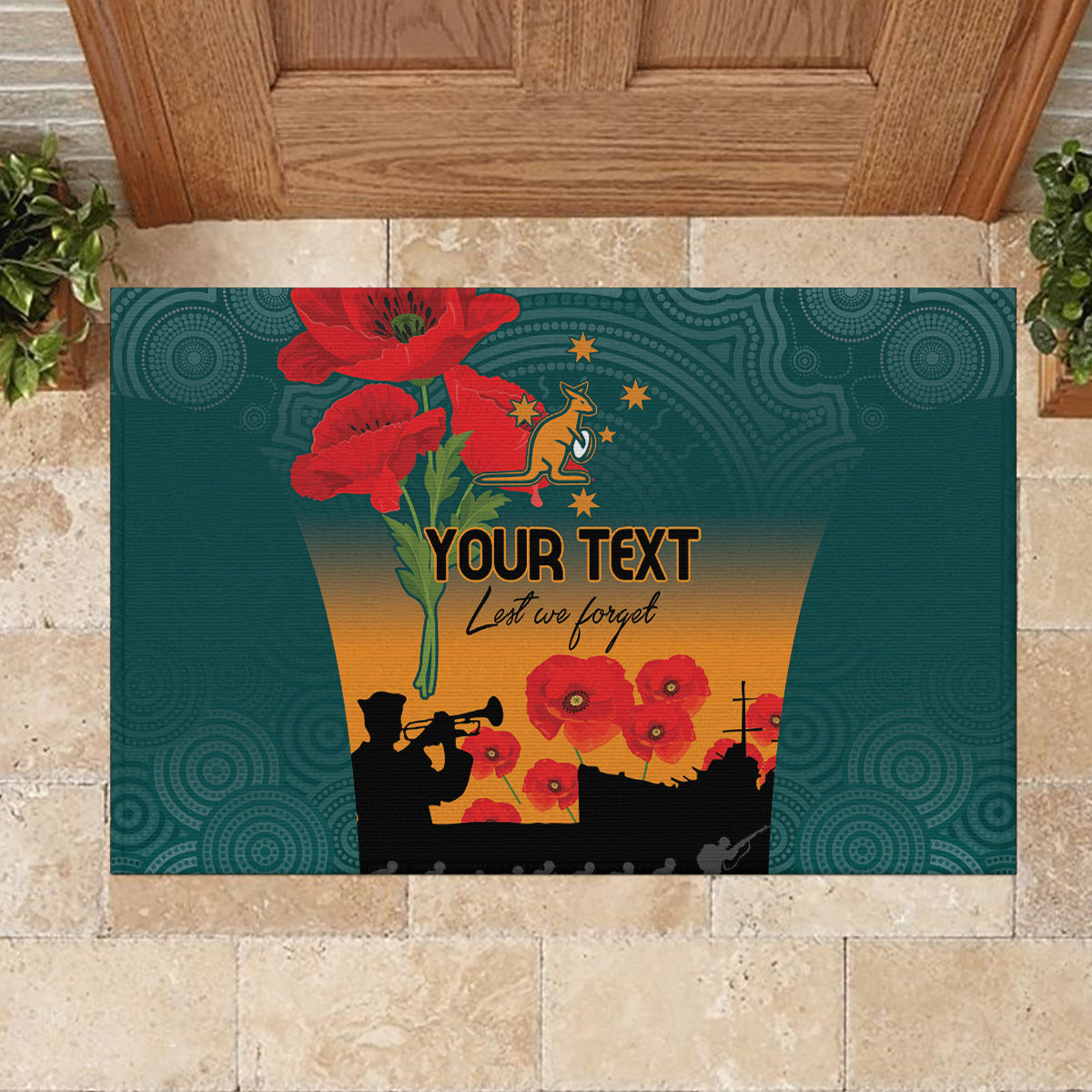 Custom Wallaroos Rugby ANZAC Rubber Doormat Poppy Soldier With Aboriginal Dots Art
