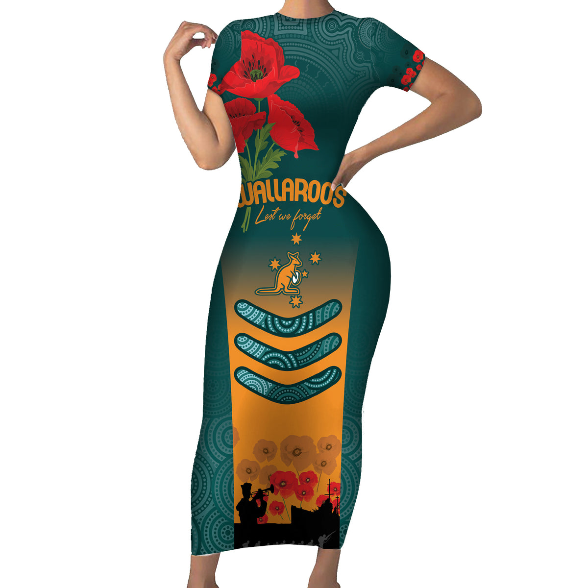Custom Wallaroos Rugby ANZAC Short Sleeve Bodycon Dress Poppy Soldier With Aboriginal Dots Art