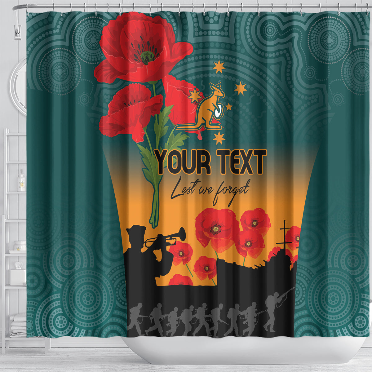 Custom Wallaroos Rugby ANZAC Shower Curtain Poppy Soldier With Aboriginal Dots Art