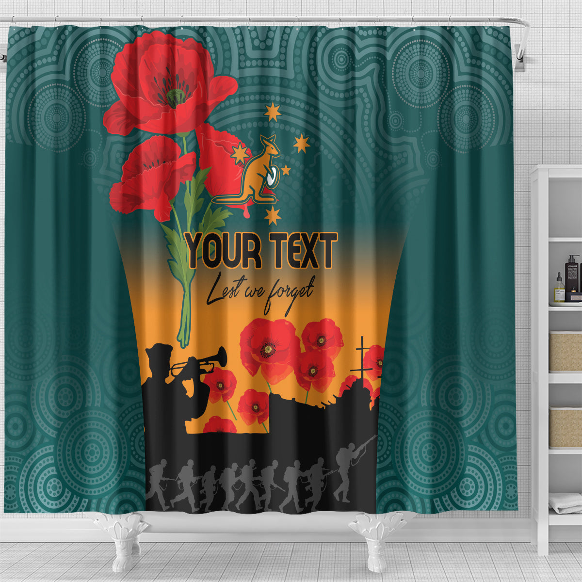 Custom Wallaroos Rugby ANZAC Shower Curtain Poppy Soldier With Aboriginal Dots Art