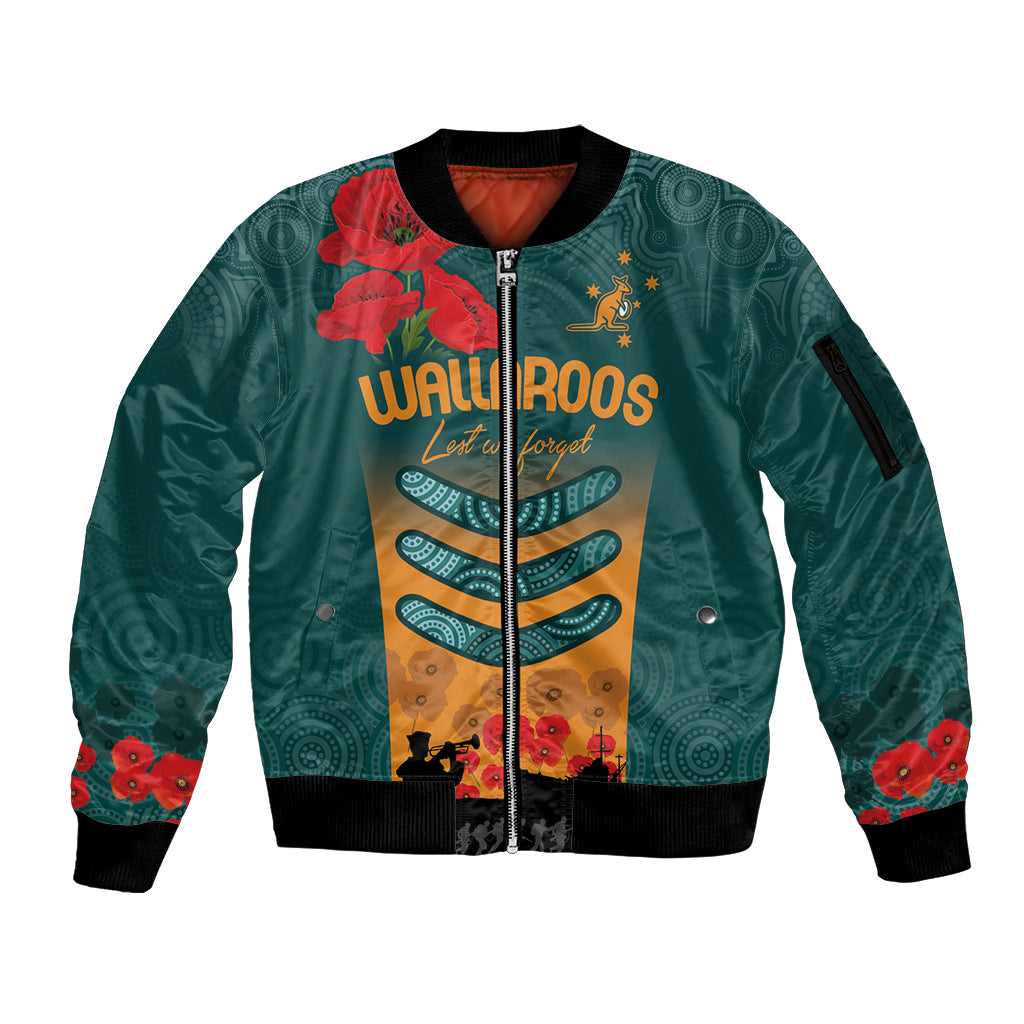 Custom Wallaroos Rugby ANZAC Sleeve Zip Bomber Jacket Poppy Soldier With Aboriginal Dots Art