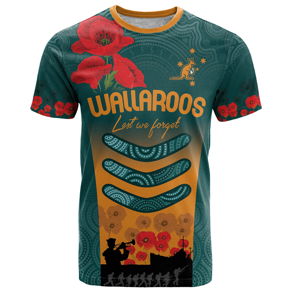 Custom Wallaroos Rugby ANZAC T Shirt Poppy Soldier With Aboriginal Dots Art