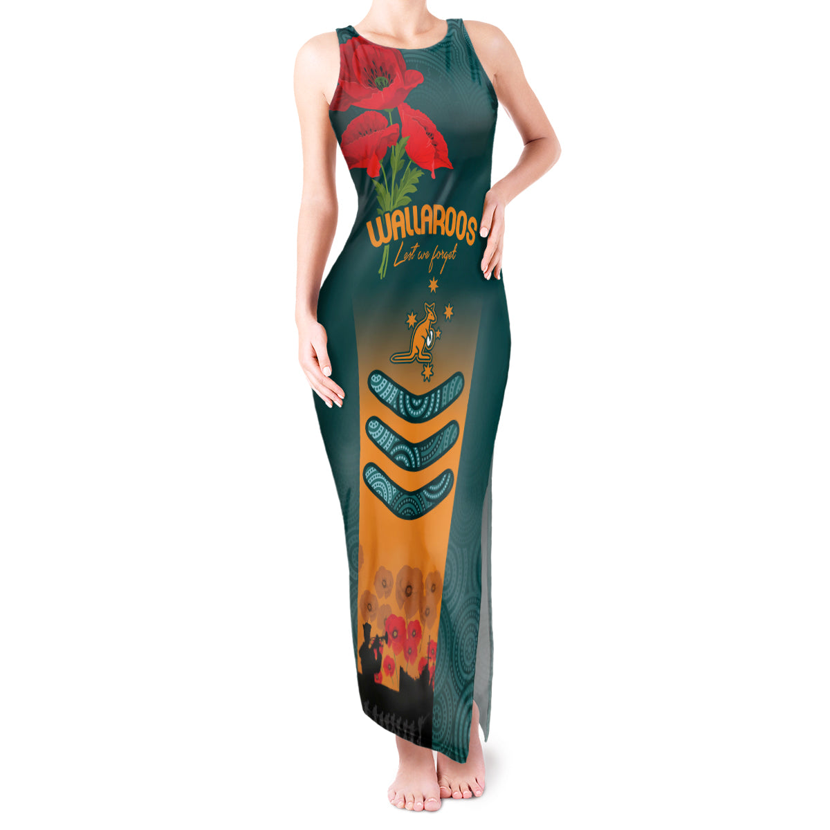 Custom Wallaroos Rugby ANZAC Tank Maxi Dress Poppy Soldier With Aboriginal Dots Art