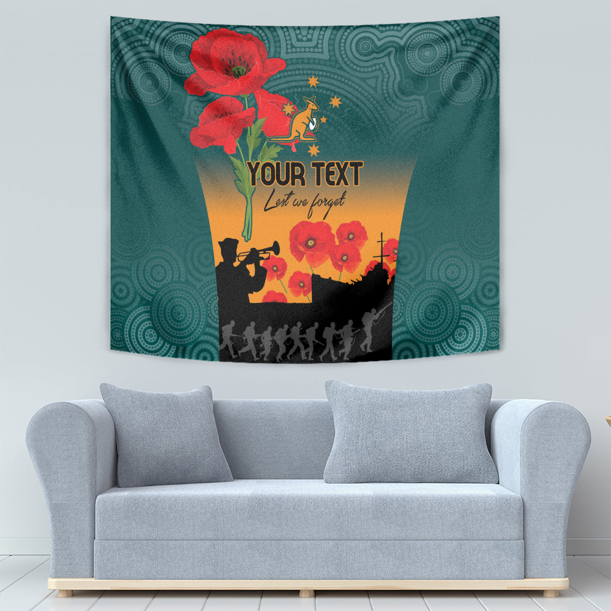 Custom Wallaroos Rugby ANZAC Tapestry Poppy Soldier With Aboriginal Dots Art