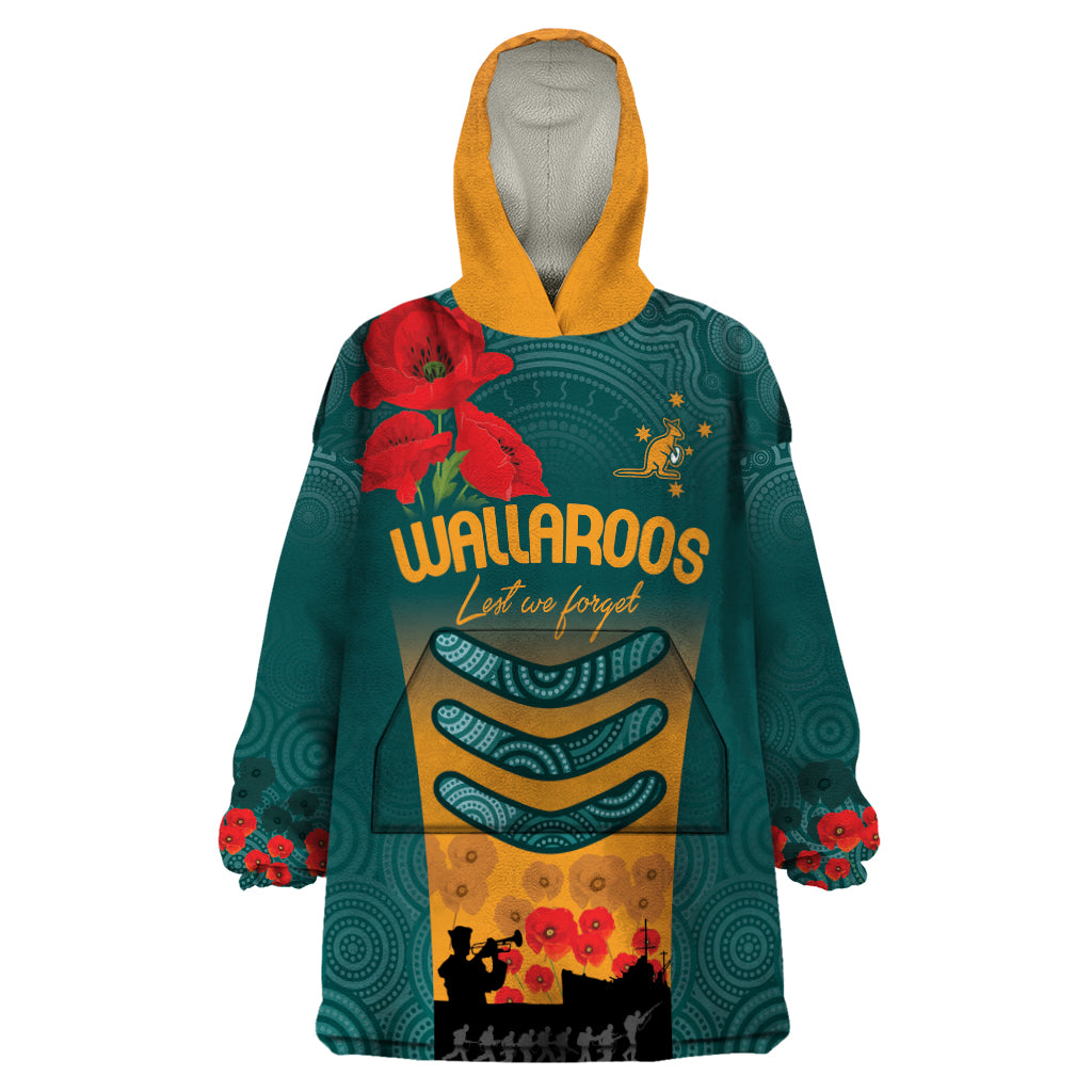 Custom Wallaroos Rugby ANZAC Wearable Blanket Hoodie Poppy Soldier With Aboriginal Dots Art