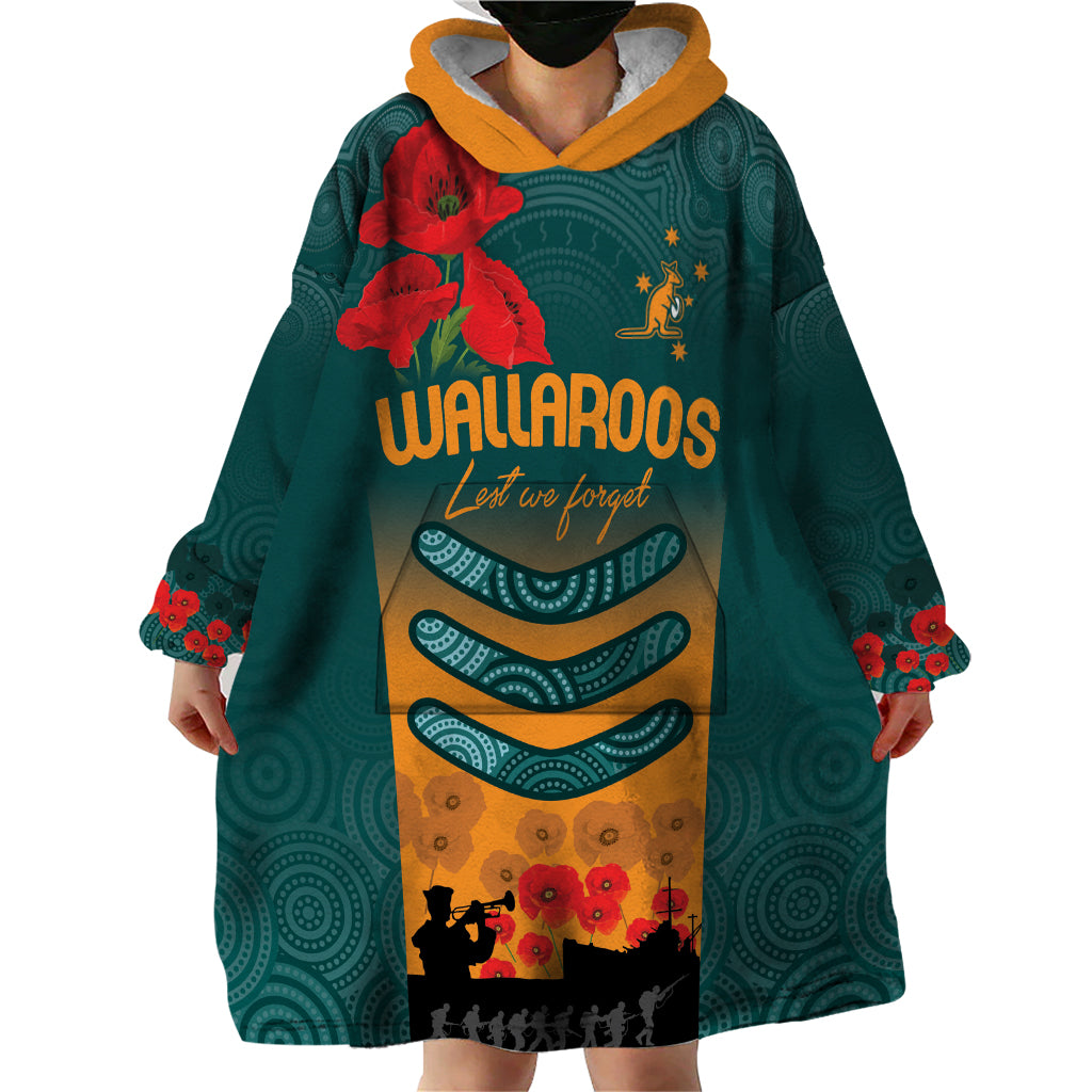 Custom Wallaroos Rugby ANZAC Wearable Blanket Hoodie Poppy Soldier With Aboriginal Dots Art