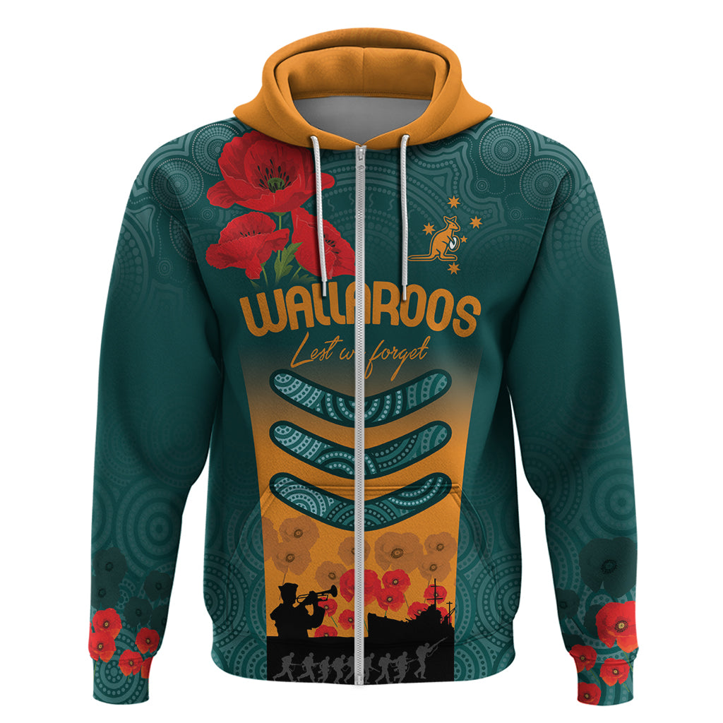 Custom Wallaroos Rugby ANZAC Zip Hoodie Poppy Soldier With Aboriginal Dots Art