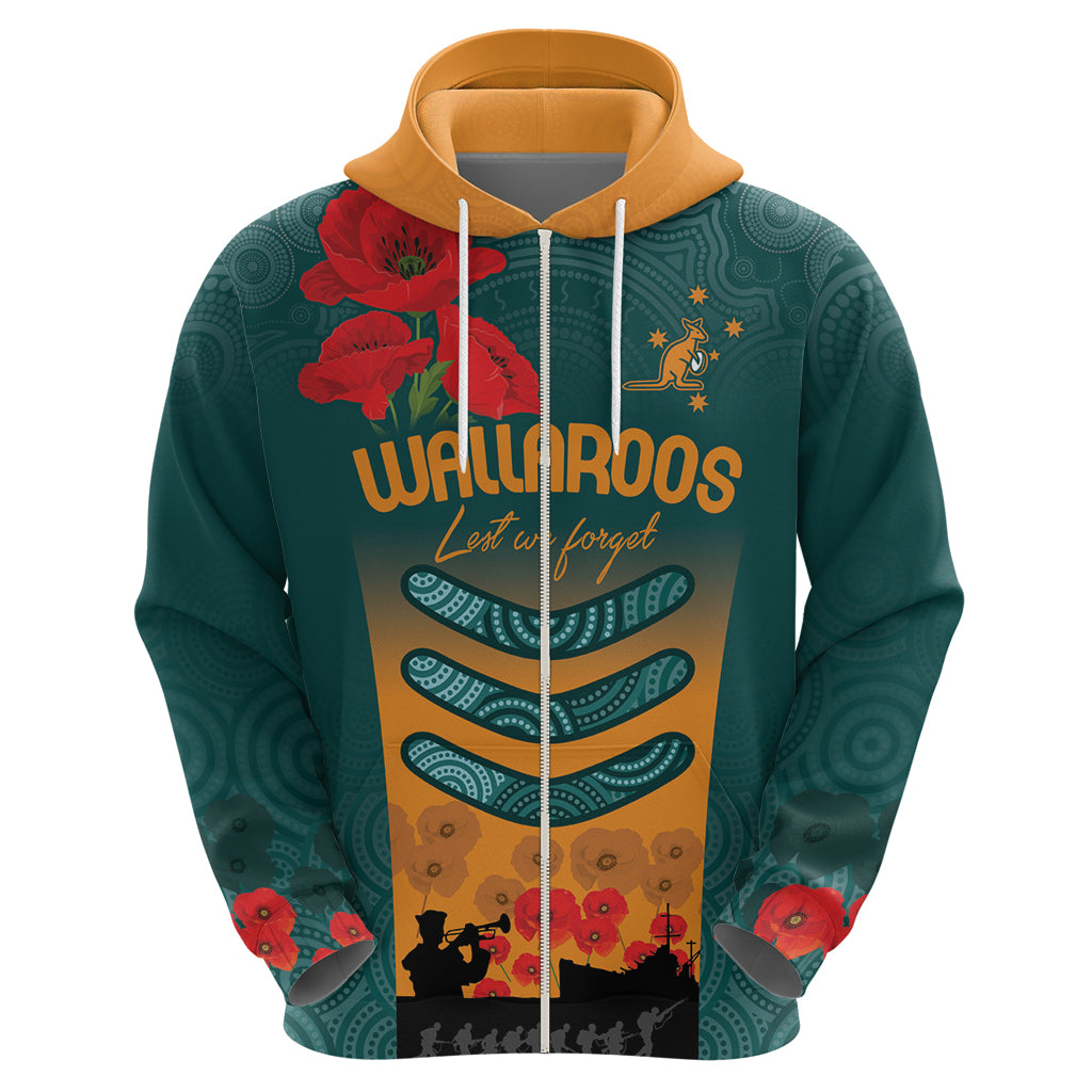 Custom Wallaroos Rugby ANZAC Zip Hoodie Poppy Soldier With Aboriginal Dots Art