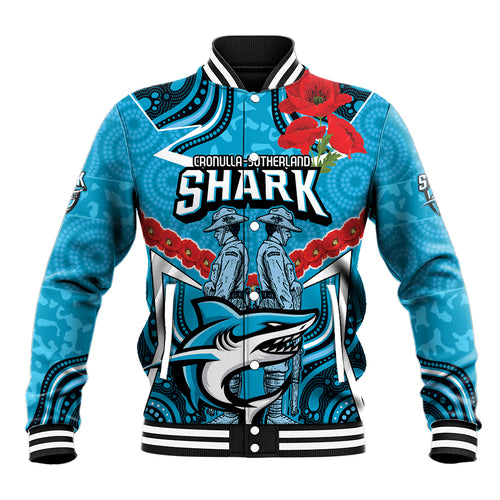 Custom Sharks Rugby ANZAC Baseball Jacket Gallipoli Soldier With Aboriginal Art