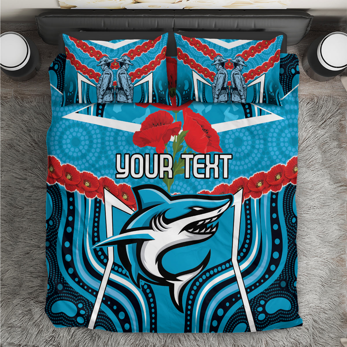 Custom Sharks Rugby ANZAC Bedding Set Gallipoli Soldier With Aboriginal Art