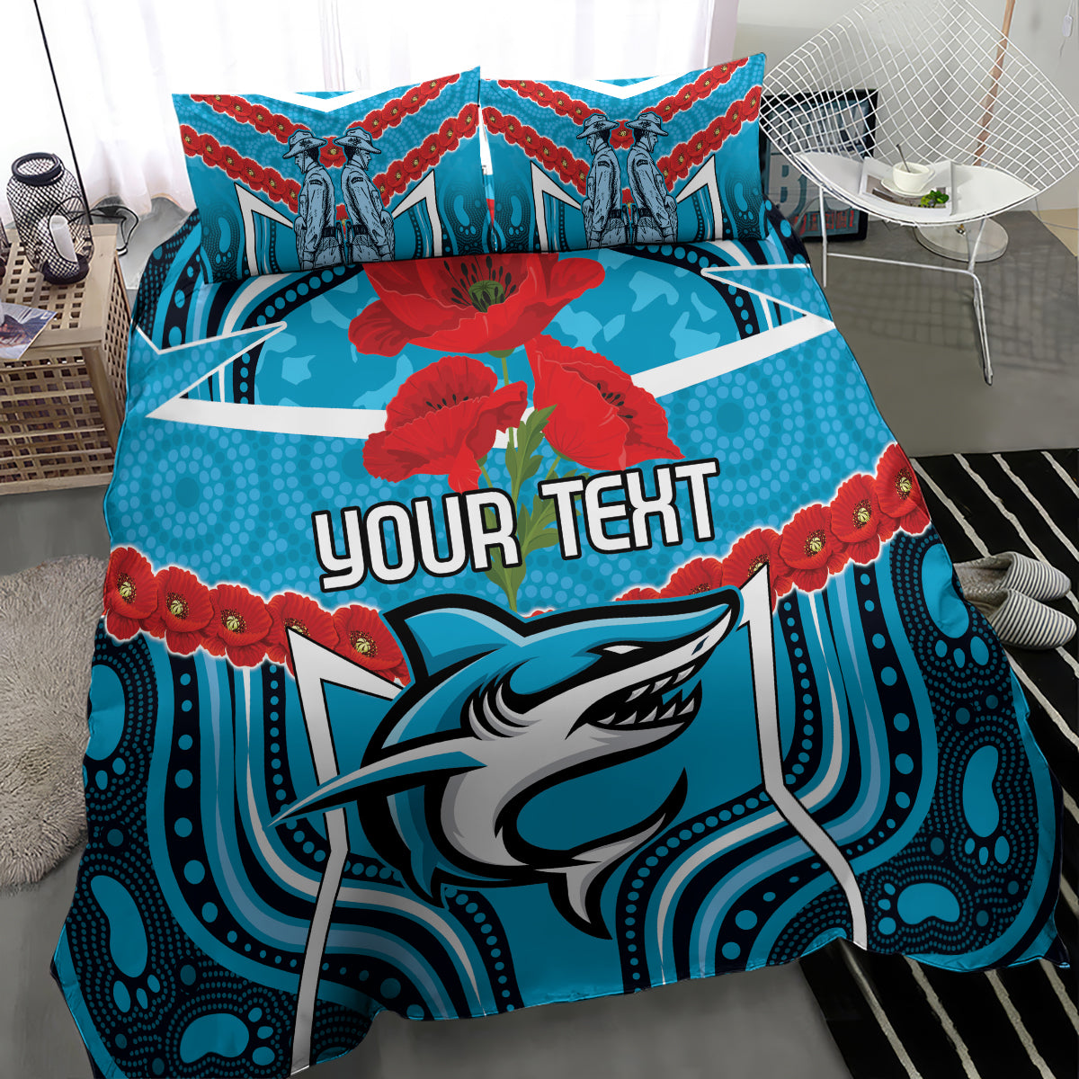 Custom Sharks Rugby ANZAC Bedding Set Gallipoli Soldier With Aboriginal Art