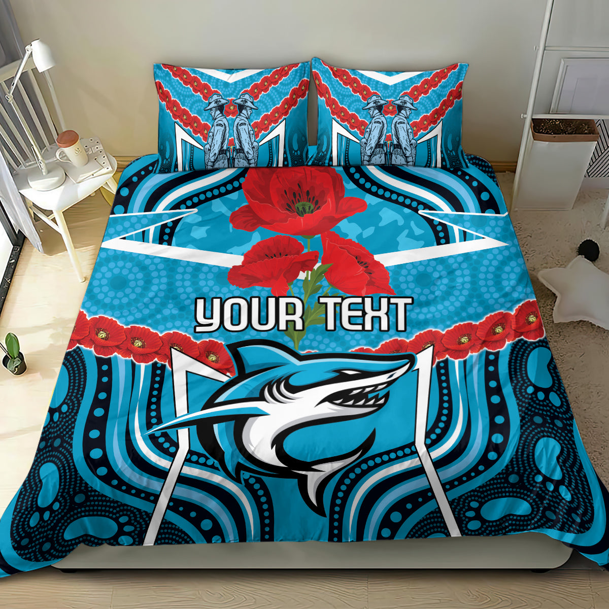 Custom Sharks Rugby ANZAC Bedding Set Gallipoli Soldier With Aboriginal Art