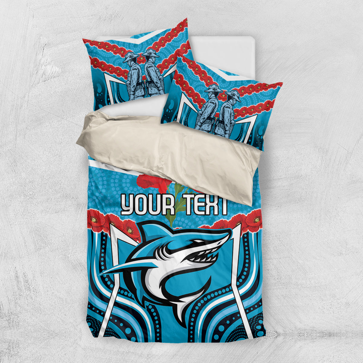 Custom Sharks Rugby ANZAC Bedding Set Gallipoli Soldier With Aboriginal Art