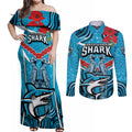 Custom Sharks Rugby ANZAC Couples Matching Off Shoulder Maxi Dress and Long Sleeve Button Shirt Gallipoli Soldier With Aboriginal Art