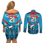 Custom Sharks Rugby ANZAC Couples Matching Off Shoulder Short Dress and Long Sleeve Button Shirt Gallipoli Soldier With Aboriginal Art