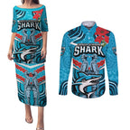 Custom Sharks Rugby ANZAC Couples Matching Puletasi and Long Sleeve Button Shirt Gallipoli Soldier With Aboriginal Art