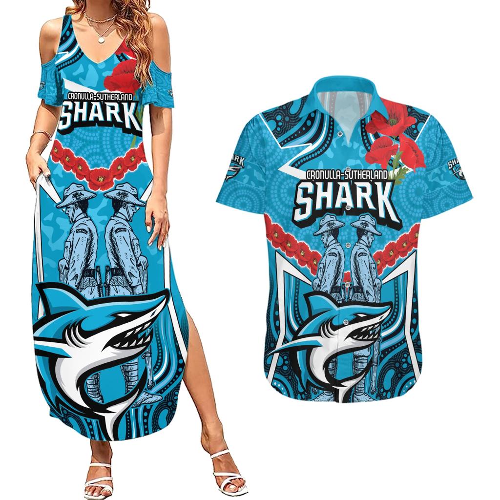 Custom Sharks Rugby ANZAC Couples Matching Summer Maxi Dress and Hawaiian Shirt Gallipoli Soldier With Aboriginal Art
