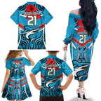 Custom Sharks Rugby ANZAC Family Matching Off The Shoulder Long Sleeve Dress and Hawaiian Shirt Gallipoli Soldier With Aboriginal Art