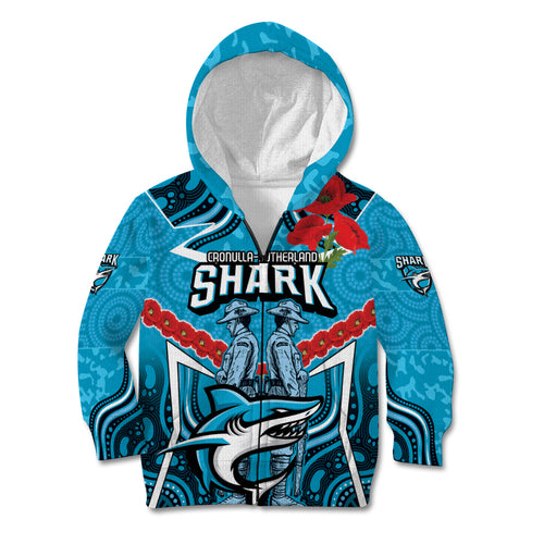 Custom Sharks Rugby ANZAC Kid Hoodie Gallipoli Soldier With Aboriginal Art